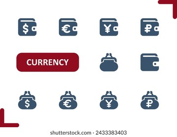 Currency icons. Wallet, coin purse, change purse, dollar, euro, yen, yuan, ruble, rouble icon. Professional, pixel perfect vector icon set.