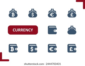 Currency icons. Wallet, coin purse, change purse, bitcoin, cryptocurrency, crypto, dollar, euro, pound icon. Professional, pixel perfect vector icon set.