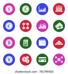 Currency Icons. White Flat Design In Circle. Vector Illustration. 