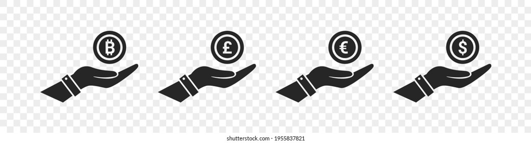 Currency icons. World money symbols. Finansial vector icons. Coin on hands. Vector illustration