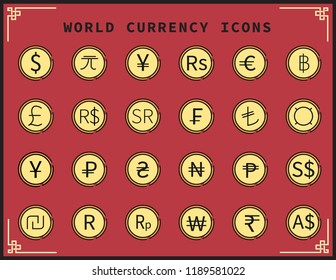 Currency Icons.Dollar,Euro,Yuan,Baht and other symbols.vector illustration