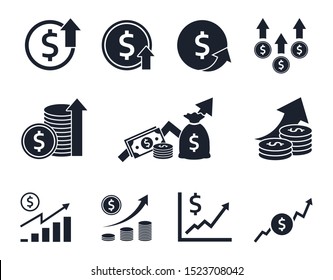 currency increase icon set, money rate growth, dollar signs