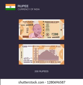 Currency of India. Flat vector illustration of indian two hundred rupees.