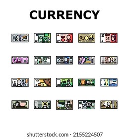 Currency International Finance Icons Set Vector. Pound Sterling And Dollar, Hryvnia And Indian Rupee, Jordian And Bahraini Dinar, Shekel And Omani Rial Worldwide Currency Color Illustrations