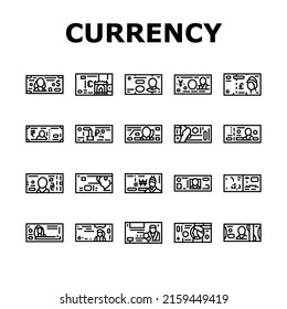 Currency International Finance Icons Set Vector. Pound And Dollar, Hryvnia And Indian Rupee, Jordian And Bahraini Dinar, Shekel And Omani Rial Worldwide Currency Black Contour Illustrations
