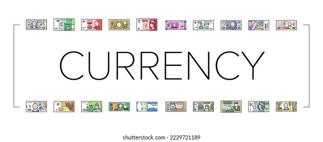 Currency International Finance Icons Set Vector. Pound Sterling And Dollar, Hryvnia And Indian Rupee, Jordian And Bahraini Dinar, Shekel And Omani Rial Worldwide Currency Color Illustrations