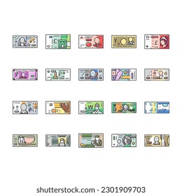 Currency International Finance Icons Set Vector. PoundAnd Dollar, Hryvnia And Indian Rupee, Jordian And Bahraini Dinar, Shekel And Omani Rial Worldwide Currency Color Illustrations