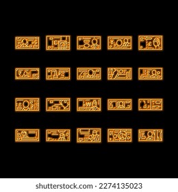 Currency International Finance neon light sign vector. Pound Sterling And Dollar, Hryvnia And Indian Rupee, Jordian And Bahraini Dinar, Shekel And Omani Rial Worldwide Currency Illustrations