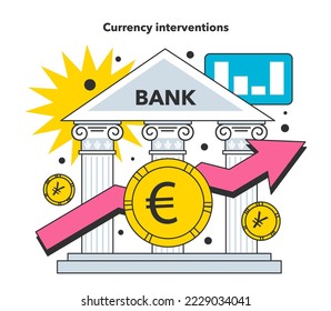 Intervenciones monetarias como medida para reducir la inflación. Recuperación de la crisis económica. Aumentar los precios y el valor del dinero disminuye. Ilustración vectorial plana
