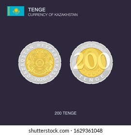 Currency of Kazakhstan. Flat vector illustration of Kazakh coin 200 tenge. Silver colored two hundred tenge.
