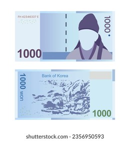 Currency of Korea, bundle of different types of paper currency. Korean money, won