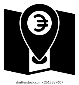 Currency letter location point solid icon, banking concept. Vector graphics. Map with location pin sign on white background, glyph style mobile or design