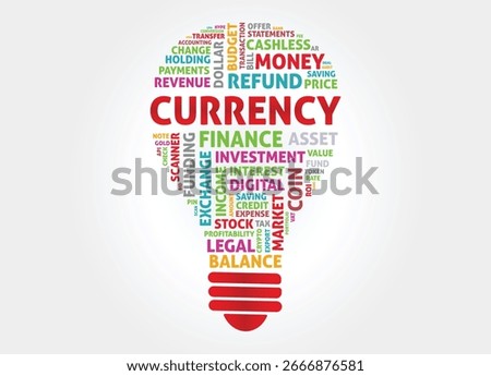 Currency Light Bulb Concept with Creative Word Cloud Vector Design
