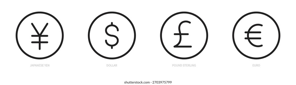 Conjunto de iconos de línea de moneda. 4 tipos de monedas mundiales. Yen japonés, dólar, libra esterlina, signo del euro, símbolo. Negocios, economía, finanzas, dinero, concepto bancario. Ilustración vectorial. Trazo editable.