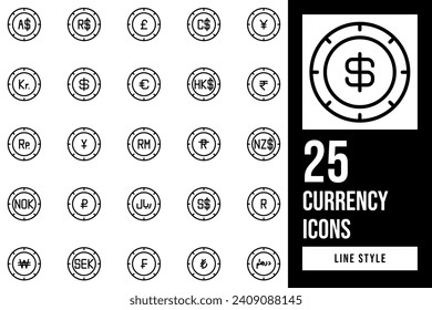 Currency Line Icon Set. Containing signs, value, wealth, exchange, investment, real, economy, banking, currency, dollar, payment, round, finance, money, canadian, cash, british, won, pound, coin.