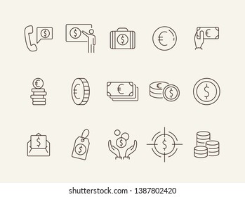 Currency line icon set. Money, banking, savings. Wealth concept. Can be used for topics like atm, global trade, economy