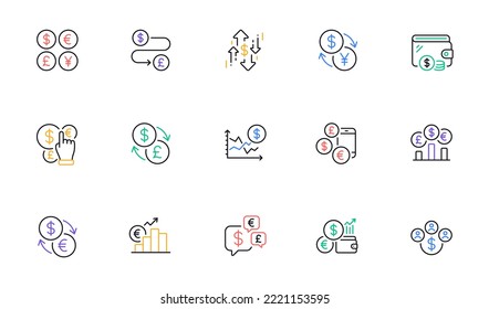 Currency line icons. Cash money, Euro Dollar transfer and Currency exchange. Financial rate, Change money and Euro Pound trade icons. Dollar transfer, Stock trade and Wallet with cash. Vector