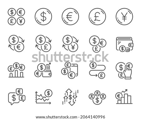 Currency line icons. Cash money, Euro Dollar transfer and Currency exchange. Financial rate, Change money and Euro Pound trade icons. Dollar transfer, Stock trade and Wallet with cash. Vector