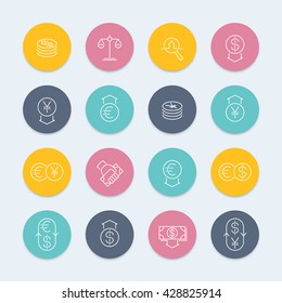 Currency line icons set, forex trading, monetary policy linear pictograms, vector illustration