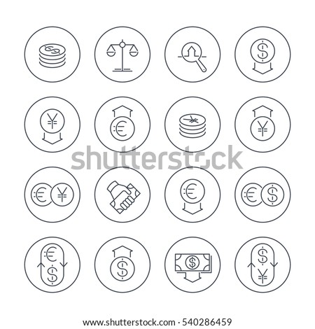 Currency line icons set over white, money transfer, monetary policy, forex trading