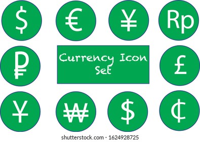 Currency Logo Icon Button set green and white of major money in the world including the dollar, yuan, euro, won, pound and more.