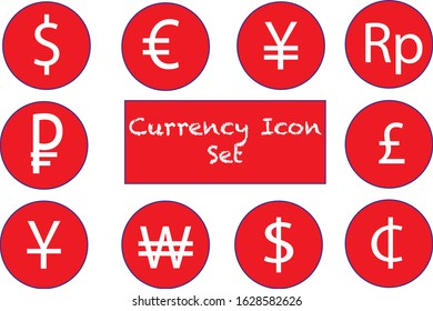 Currency Logo Icon Button set (red and white) of major money in the world including the dollar, yuan, euro, won, pound and more.