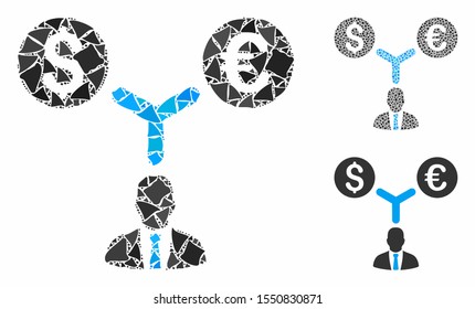 Currency management composition of ragged pieces in different sizes and color hues, based on currency management icon. Vector unequal pieces are organized into composition.