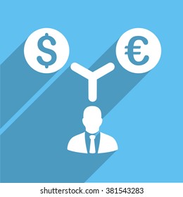 Currency Management long shadow vector icon. Style is a white flat symbol on a light-blue square background.