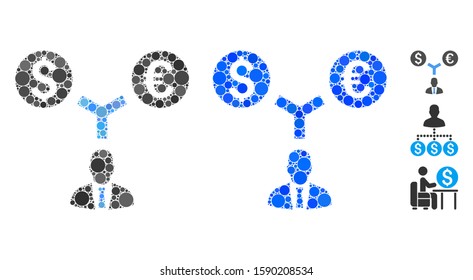 Currency management mosaic of filled circles in variable sizes and color tones, based on currency management icon. Vector random circles are united into blue mosaic.