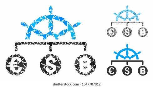Currency management mosaic of rugged parts in different sizes and color tinges, based on currency management icon. Vector rugged parts are composed into composition.