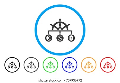 Currency Management rounded icon. Vector illustration style is a gray flat iconic currency management symbol inside a circle. Additional color variants are black, gray, green, blue, red, orange.