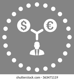 Currency Management vector icon. Style is flat circled symbol, white color, rounded angles, gray background.