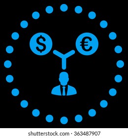 Currency Management vector icon. Style is flat circled symbol, blue color, rounded angles, black background.