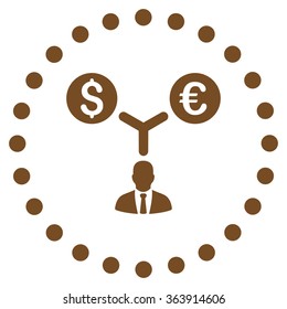 Currency Management vector icon. Style is flat circled symbol, brown color, rounded angles, white background.