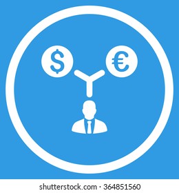 Currency Management vector icon. Style is flat circled symbol, white color, rounded angles, blue background.