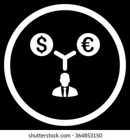 Currency Management vector icon. Style is flat circled symbol, white color, rounded angles, black background.