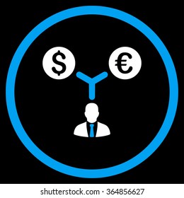 Currency Management vector icon. Style is bicolor flat circled symbol, blue and white colors, rounded angles, black background.