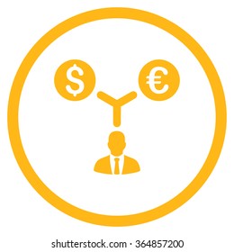 Currency Management vector icon. Style is flat circled symbol, yellow color, rounded angles, white background.