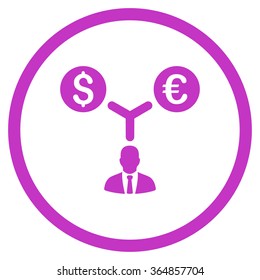 Currency Management vector icon. Style is flat circled symbol, violet color, rounded angles, white background.