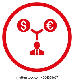 Currency Management vector icon. Style is flat circled symbol, red color, rounded angles, white background.