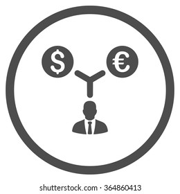 Currency Management vector icon. Style is flat circled symbol, gray color, rounded angles, white background.