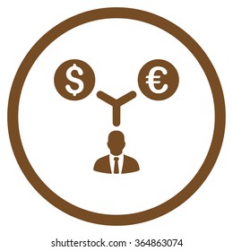 Currency Management vector icon. Style is flat circled symbol, brown color, rounded angles, white background.