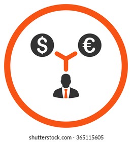 Currency Management vector icon. Style is bicolor flat circled symbol, orange and gray colors, rounded angles, white background.