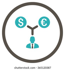 Currency Management vector icon. Style is bicolor flat circled symbol, grey and cyan colors, rounded angles, white background.
