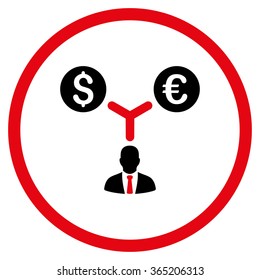 Currency Management vector icon. Style is bicolor flat circled symbol, intensive red and black colors, rounded angles, white background.
