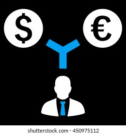 Currency Management vector icon. Style is bicolor flat symbol, blue and white colors, black background.
