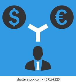 Currency Management vector icon. Style is flat symbol, white color, blue background.
