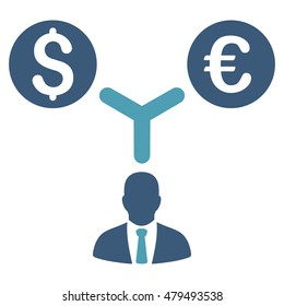 Currency Manager icon. Vector style is bicolor flat iconic symbol, cyan and blue colors, white background.