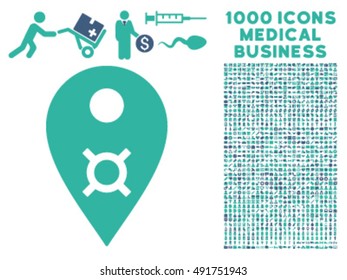 Currency Map Marker icon with 1000 medical business cobalt and cyan vector pictograms. Clipart style is flat bicolor symbols, white background.