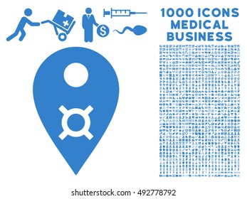 Currency Map Marker icon with 1000 medical commercial cobalt vector pictographs. Set style is flat symbols, white background.
